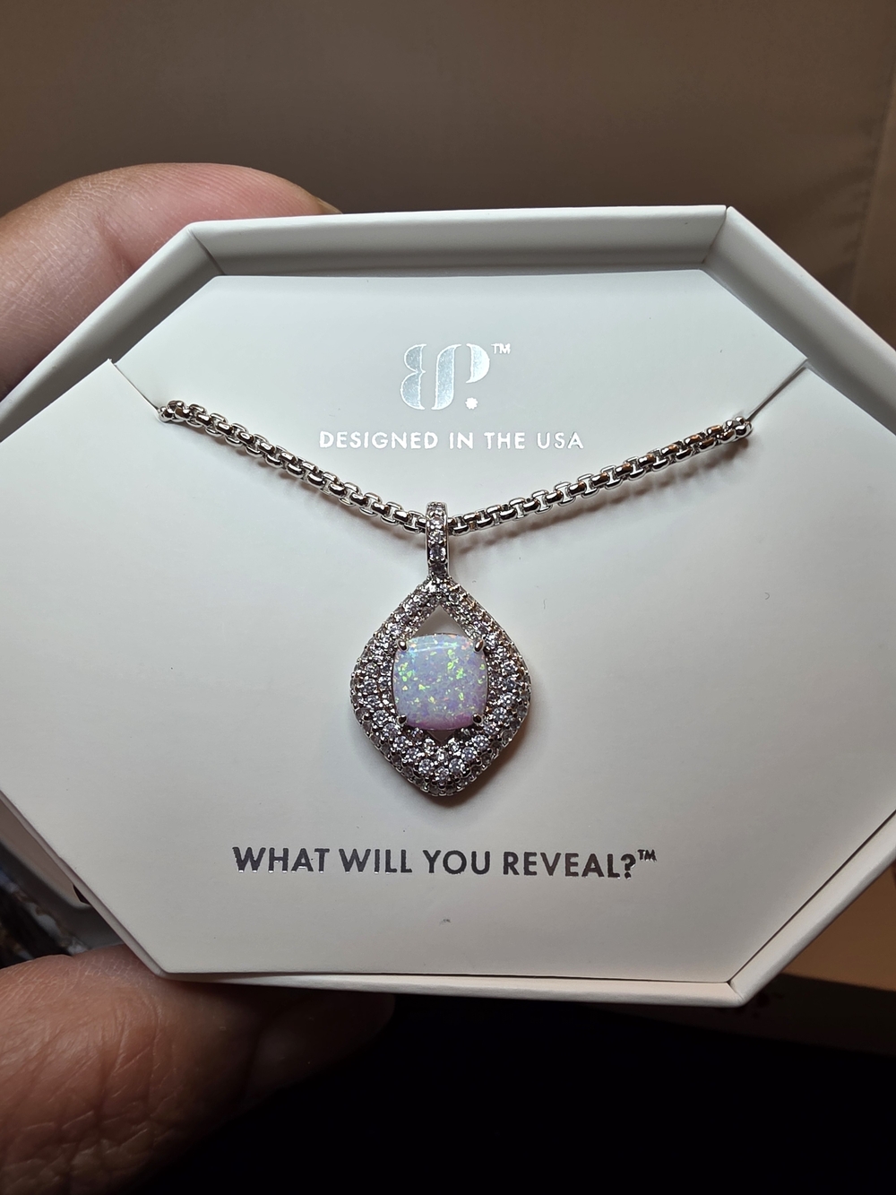 Opal Teardrop Halo Necklace in White Opal and Silver